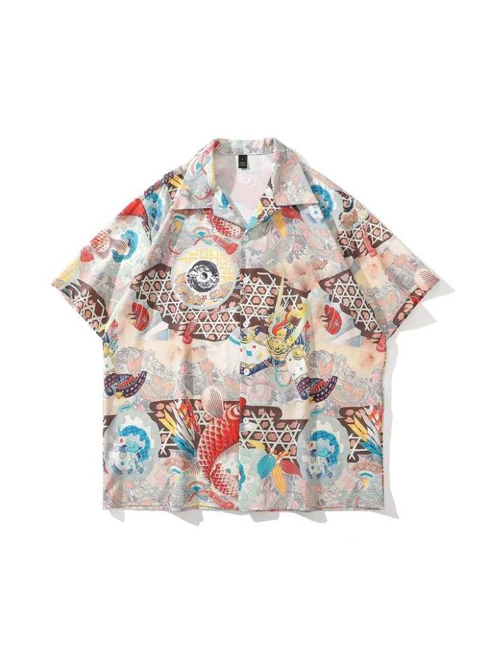 Vacation Hawaii Beach Oversize Casual Fish Printed  Men Street Fashion Hawaiian Shirts for Men