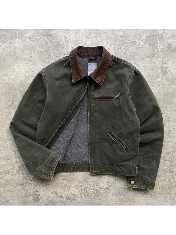 Streetwear Fashion Vintage Washed Plus Size Canvas Jacket Zip up Heavy Canvas Work Jacket Men