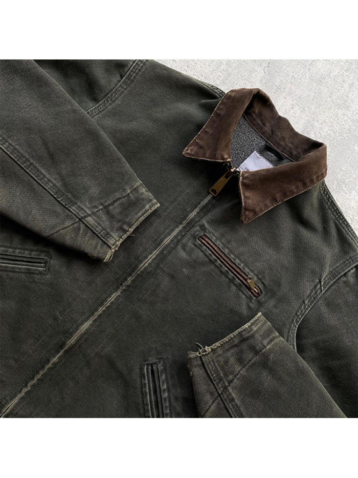 Streetwear Fashion Vintage Washed Plus Size Canvas Jacket Zip up Heavy Canvas Work Jacket Men