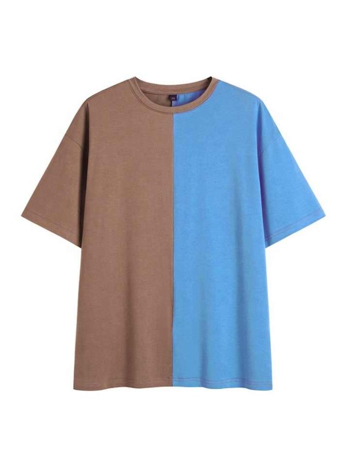 High Quality Split Colour Two Tone Men's T-shirts Plain Dyed Hip Hop Casual O Neck Sort Sleeve T-shirt