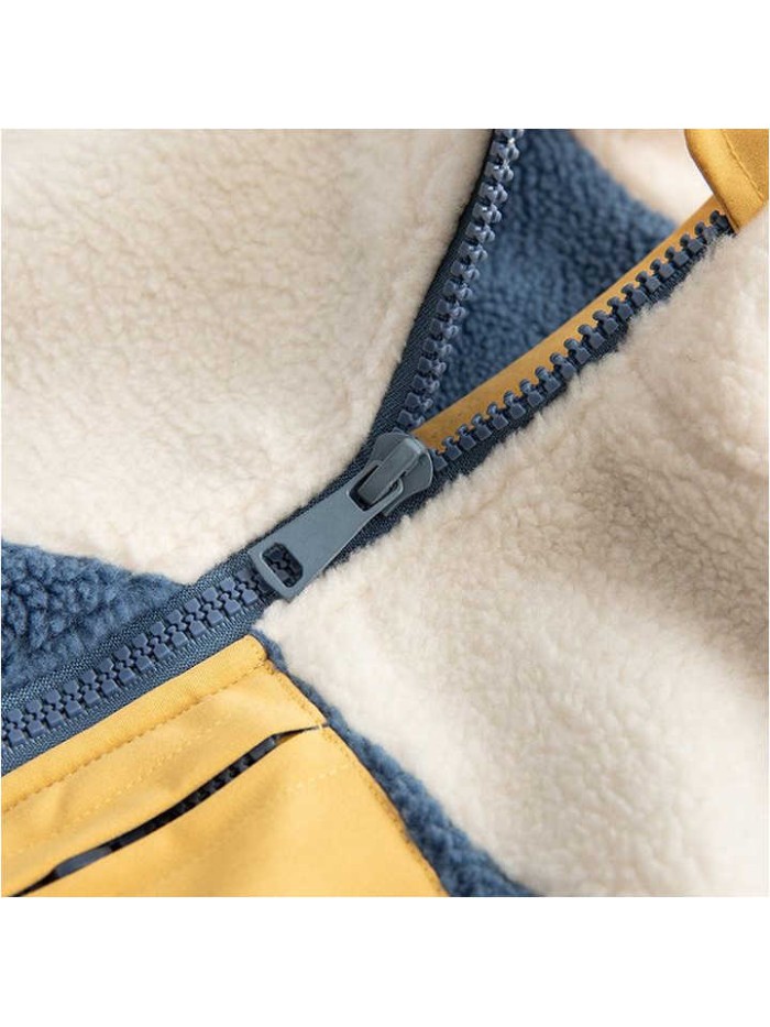 Winter Warm Stand up Collar Patchwork Color Block Casual Loose Sherpa Fleece Jacket for Men