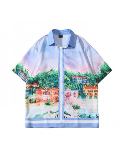 Printed Short Sleeve Shirt Men Hawaiian Beach Over...