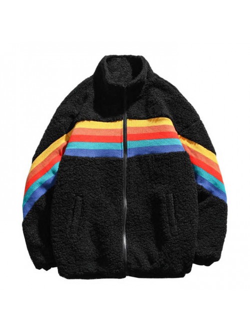 Patchwork Color Stripe Rainbow Zip up Coats Winter...