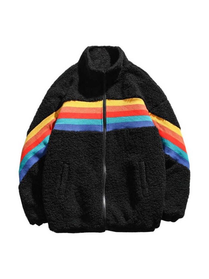 Patchwork Color Stripe Rainbow Zip up Coats Winter Thick Warm Loose Polar Fleece Jackets for Men Women