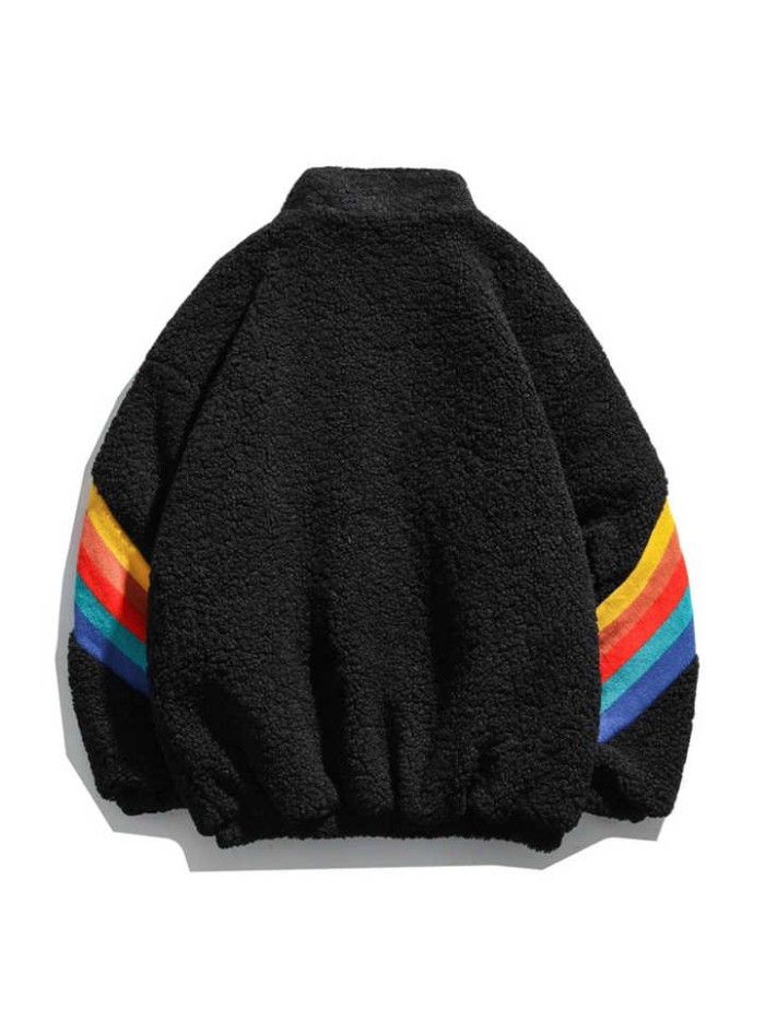 Patchwork Color Stripe Rainbow Zip up Coats Winter Thick Warm Loose Polar Fleece Jackets for Men Women