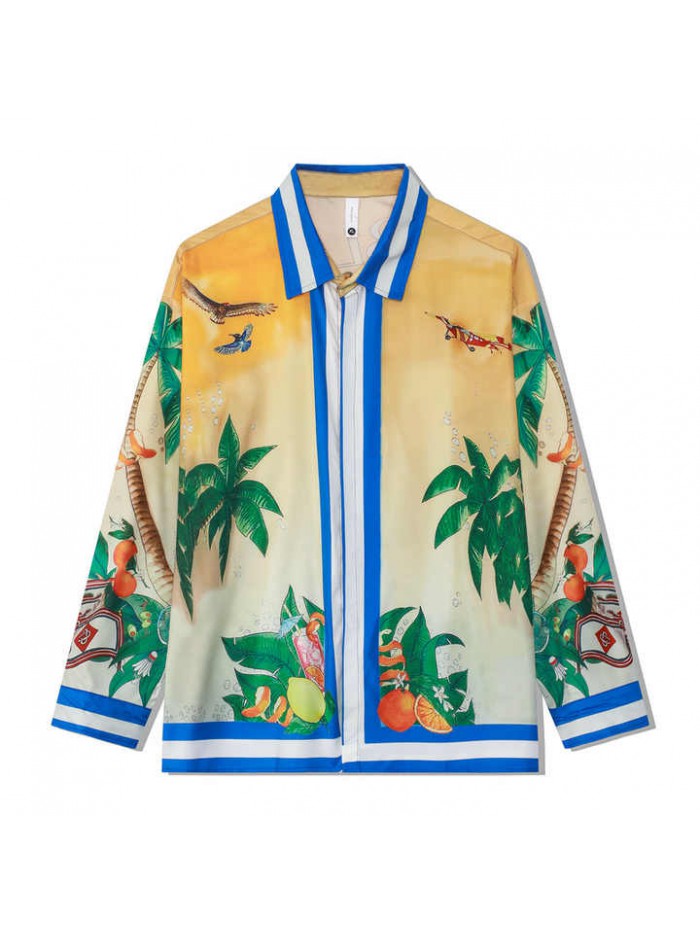 Polyester  Satin Shirt Men Long Sleeves Vacation Beach Casual Shirts All Over Print Hawaiian Shirt for Men