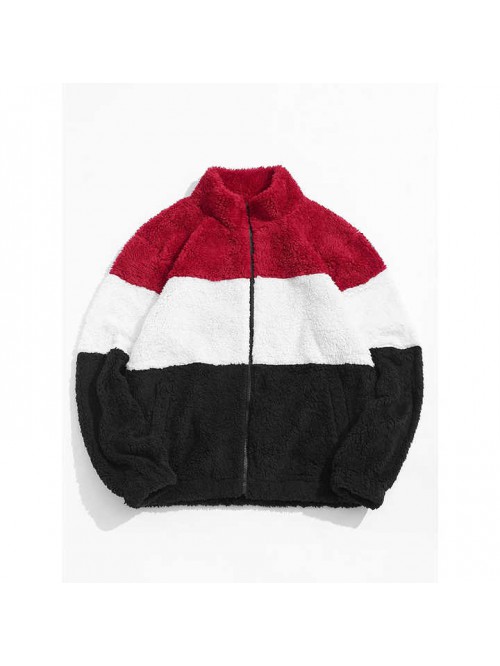 Men Clothing Color Spliced Fluffy Jacket Sherpa Po...