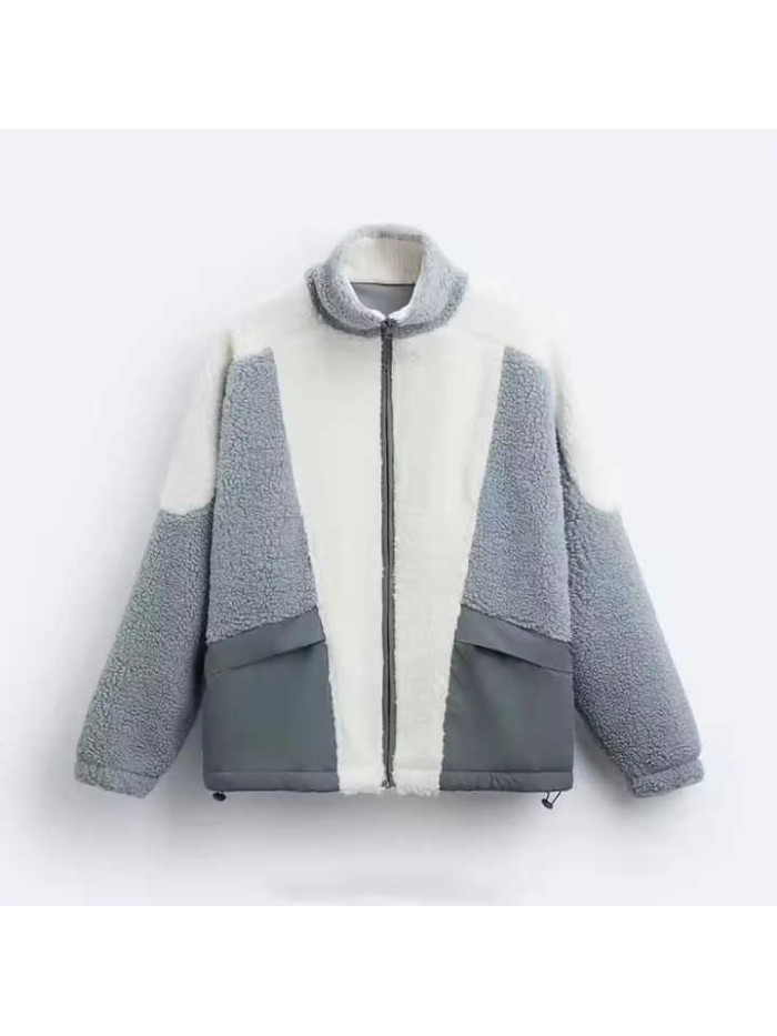 Premium Quality New Design Color Block Patch Work Stand Collar Baggy Sherpa Fleece Jacket for Men Price