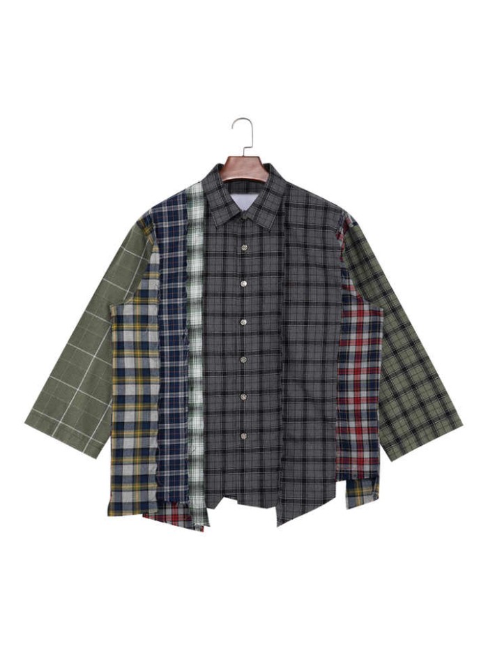 Streetwear Shirts Embroidery Multicolor Patchwork Distressed Plaid Long Sleeve Flannel Shirts for Men