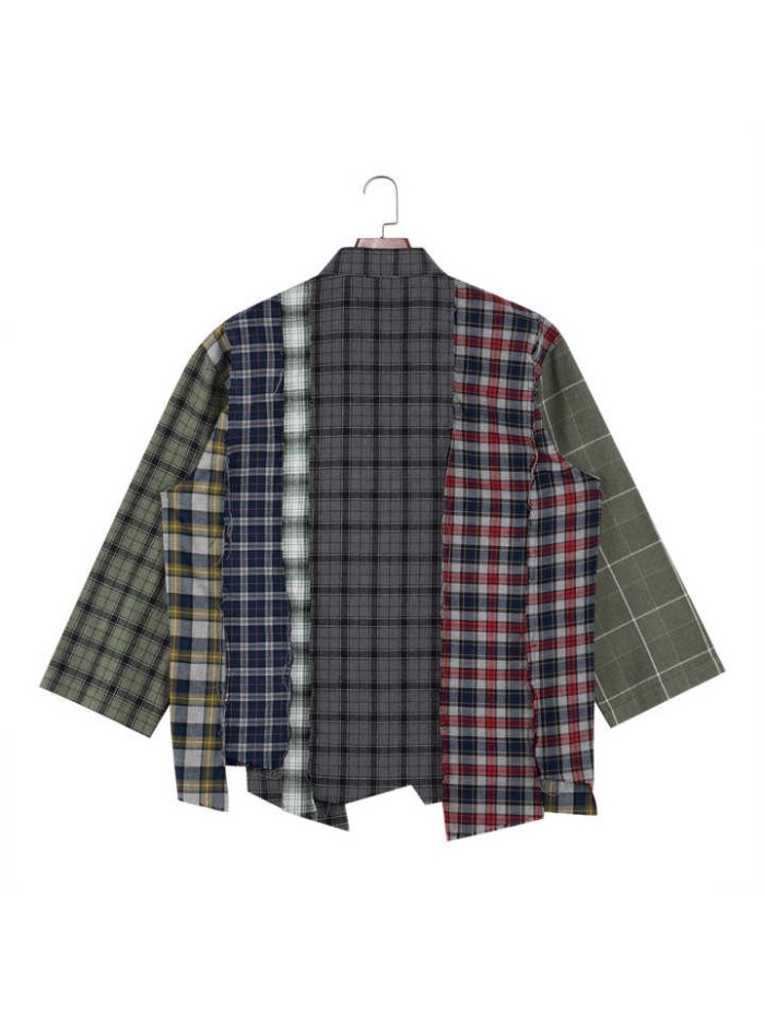 Streetwear Shirts Embroidery Multicolor Patchwork Distressed Plaid Long Sleeve Flannel Shirts for Men