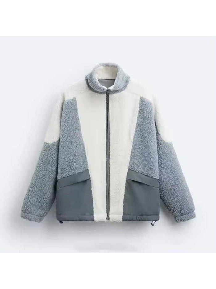 High Quality New Design Color Block Patch Work Stand Collar Baggy Sherpa Fleece Jacket for Men Price