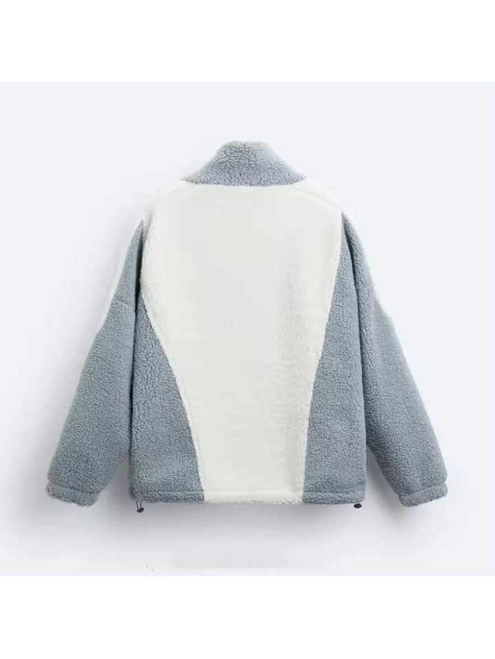 High Quality New Design Color Block Patch Work Stand Collar Baggy Sherpa Fleece Jacket for Men Price