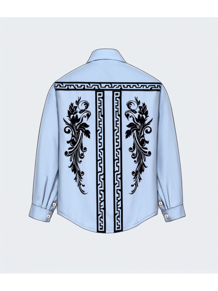 Pattern Casual Shirt for Men Long Sleeve Digital Print Blue Shirts