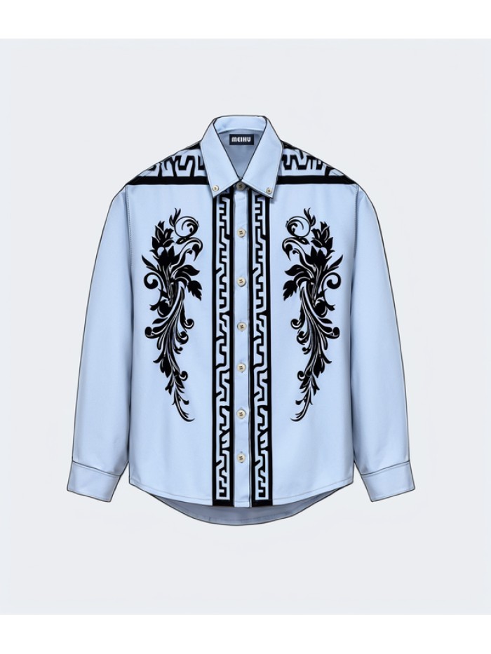 Pattern Casual Shirt for Men Long Sleeve Digital Print Blue Shirts