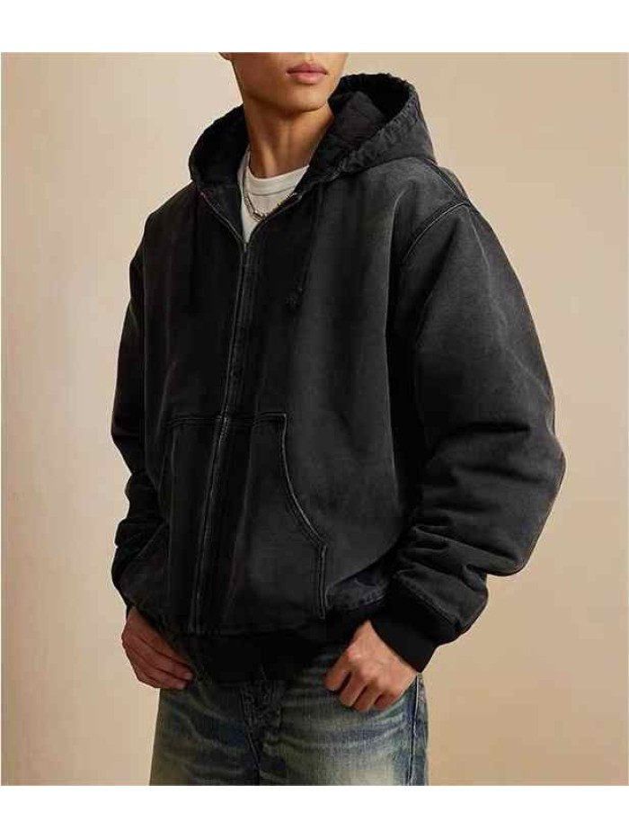 High Quality Washed Canvas Work Jacket Men Oversized Satin Standing Collar Bomber Jackets