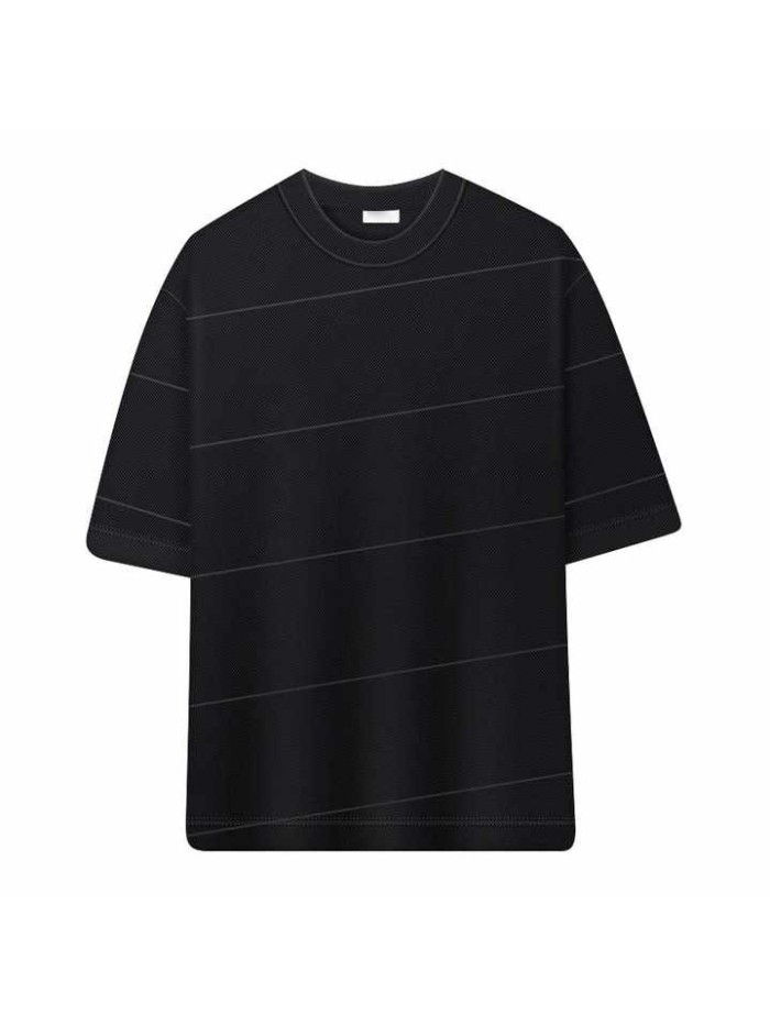 Fashion Short Sleeves Ribbed Knit Collar Striped Pattern Regular Fit Plain-weave Heavy Cotton Black T-shirt