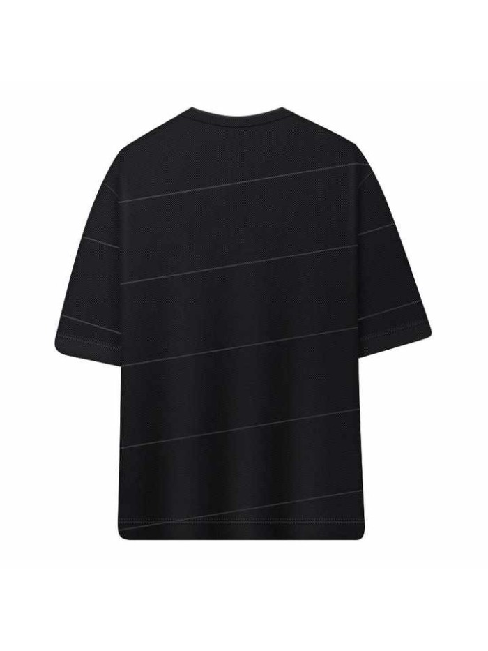 Fashion Short Sleeves Ribbed Knit Collar Striped Pattern Regular Fit Plain-weave Heavy Cotton Black T-shirt