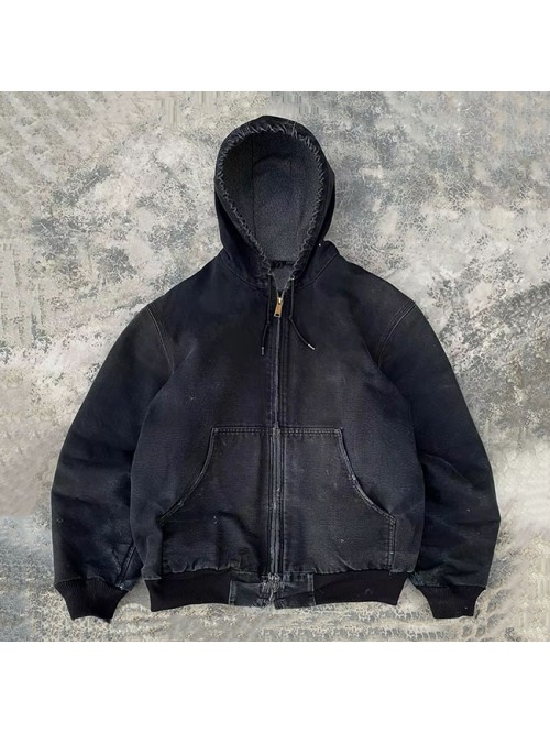 Hooded Work Jacket Acid Washed Oversized Distresse...