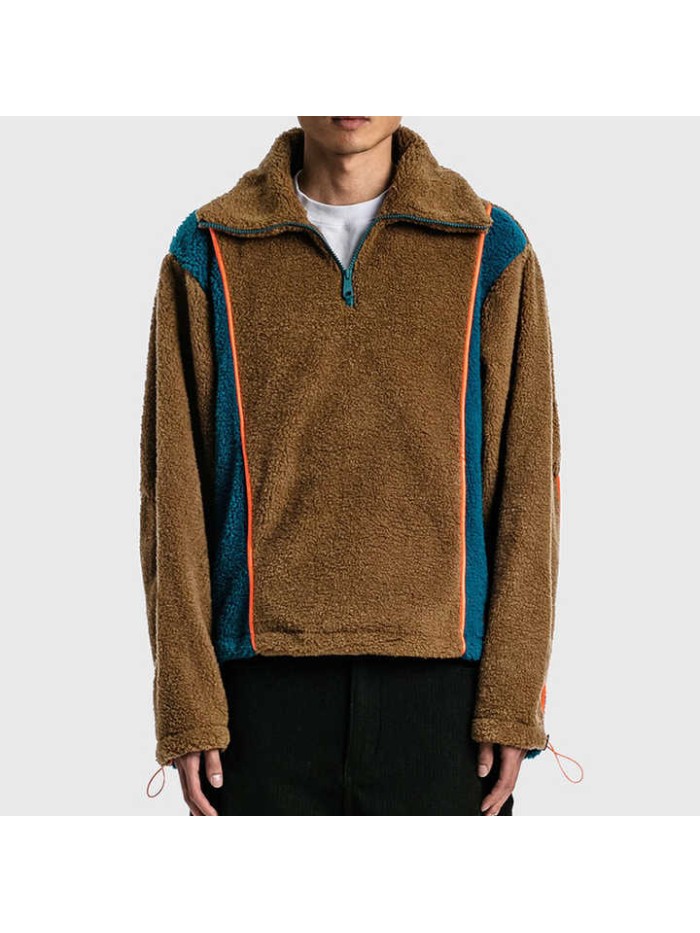 High Quality Hip Hop Half Zip Placket Contrasting Blue Panels Bright Orange Piping Details Winter Men's Jacket Men Fleece