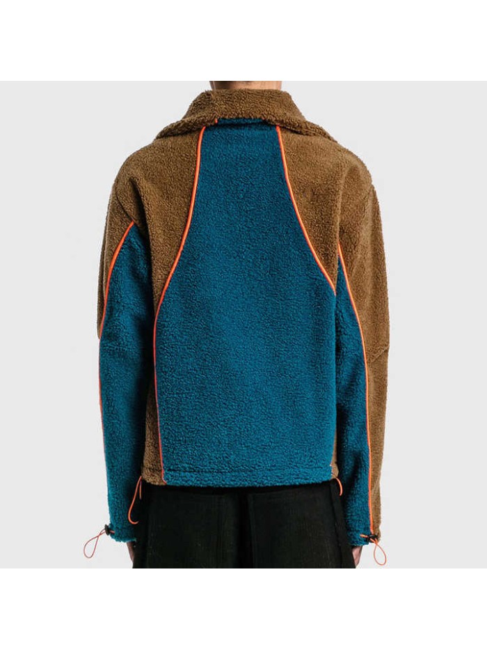 High Quality Hip Hop Half Zip Placket Contrasting Blue Panels Bright Orange Piping Details Winter Men's Jacket Men Fleece