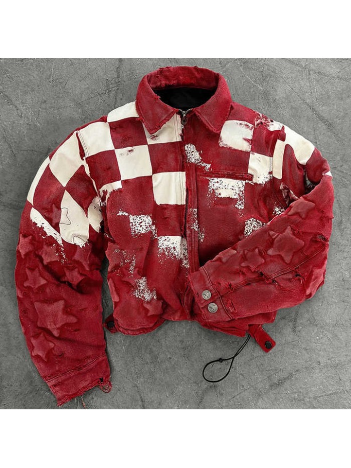 Windbreaker Streetwear Acid Wash Vintage Checkerboard Color Leather Padded Heavy Jacket for Men